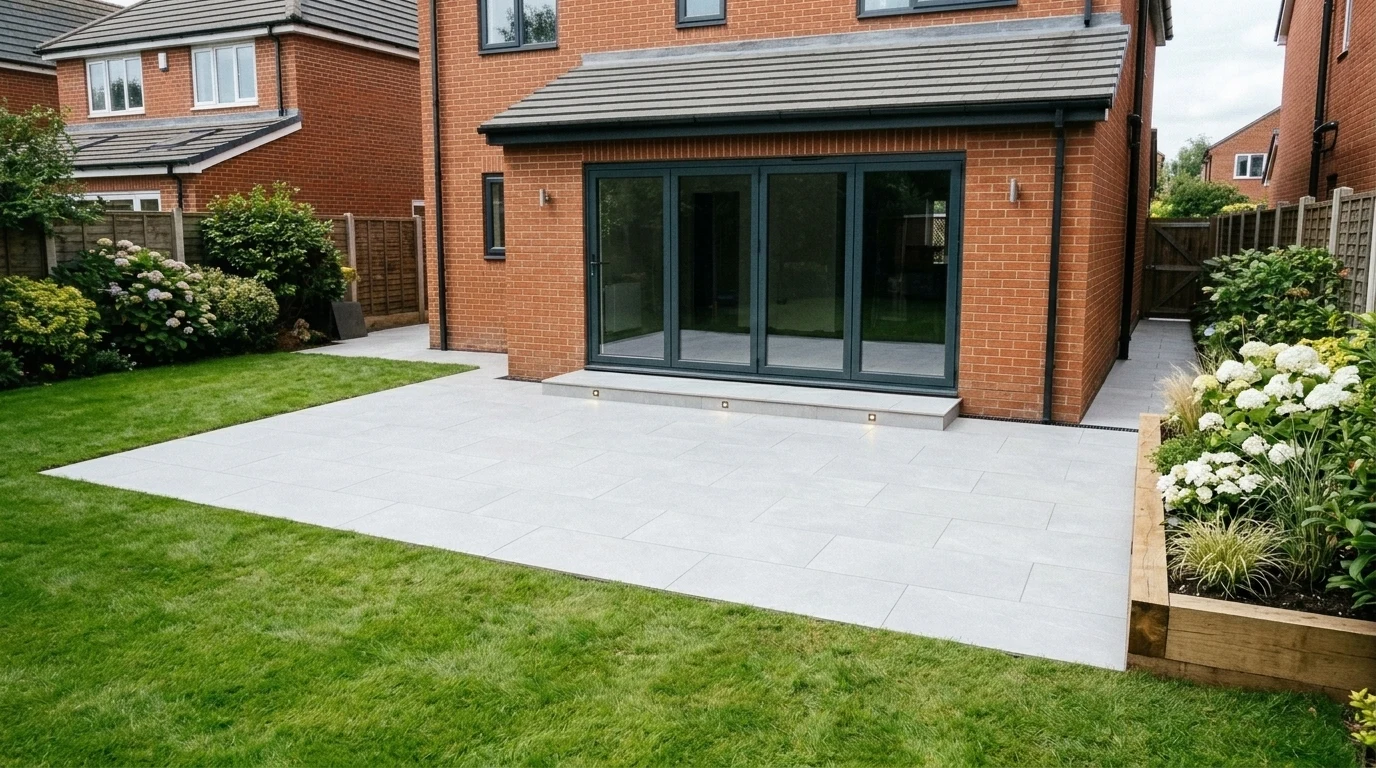 After: Completed 20mm R11 quartz-grey Italian porcelain terrace with flush ACO threshold drain, LED step lights, and green-oak sleeper bed in Bramhall