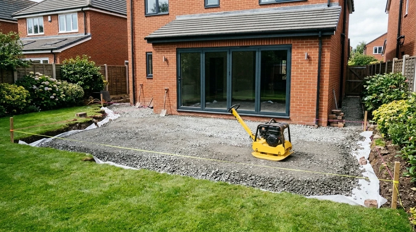 Before: 214mm deep excavation filled with 150mm plate-compacted MOT Type 1 crushed limestone over woven geotextile membrane