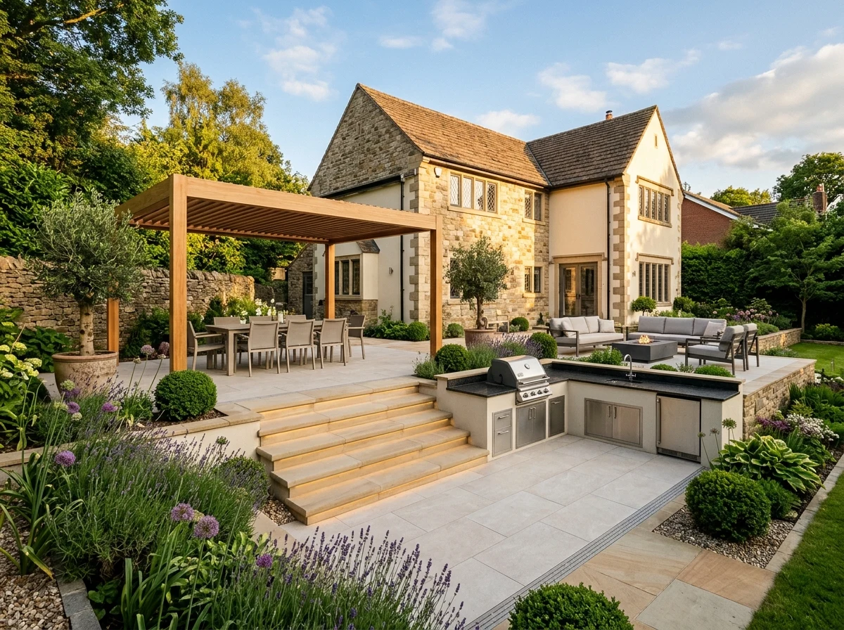 50m² large entertaining porcelain terrace across the full width of a detached Cheshire home
