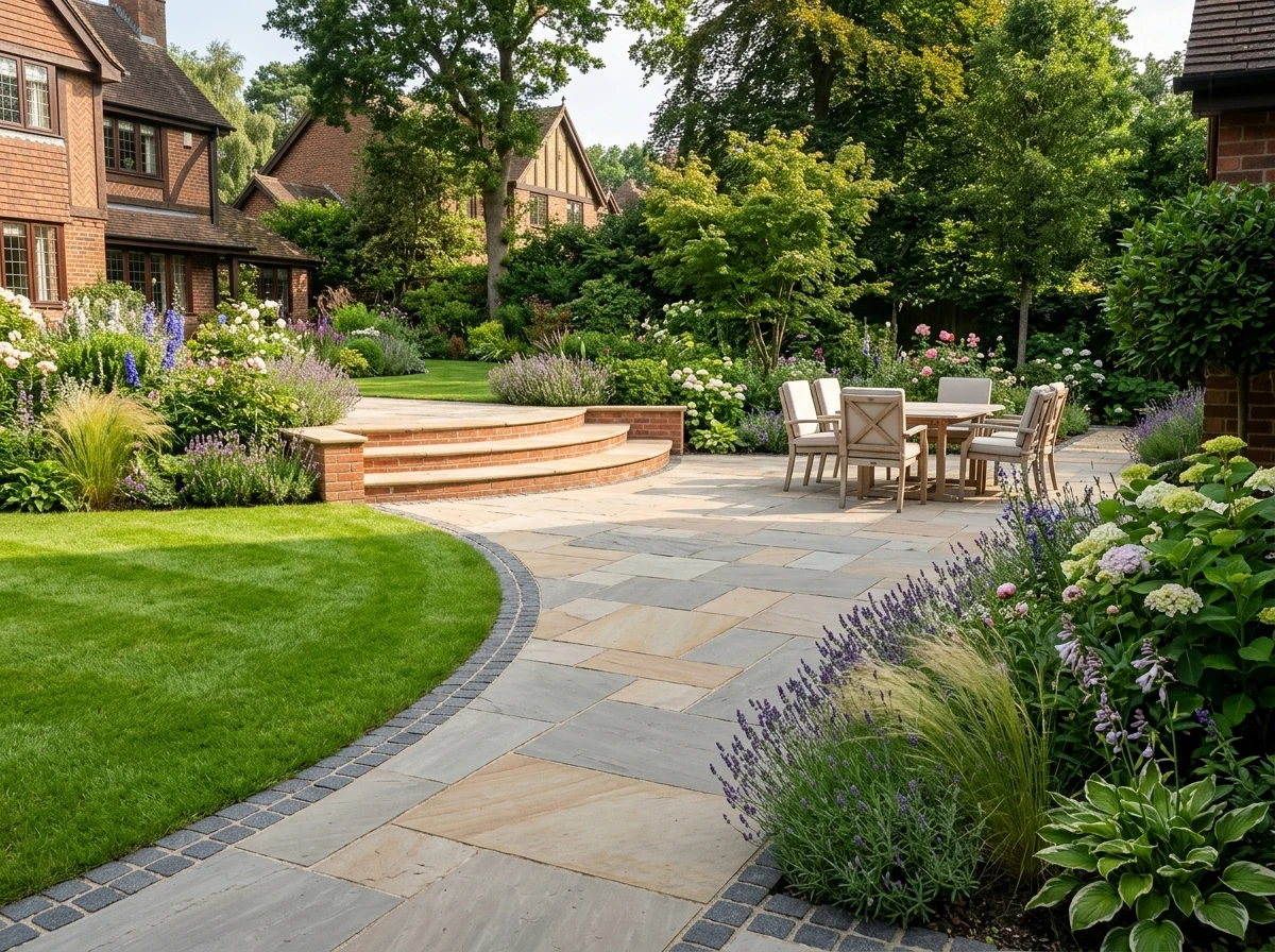 Completed 22mm calibrated Natural Indian Sandstone patio in Kandla Grey and Rippon Buff with charcoal granite sett border in Wilmslow SK9
