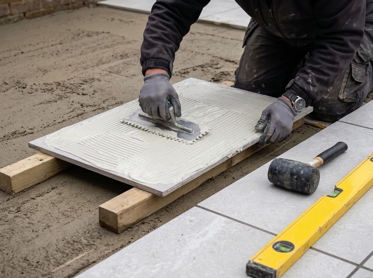 Applying 4mm SBR polymer bond slurry primer to the underside of a 20mm Italian R11 vitrified porcelain slab over a full wet mortar bed