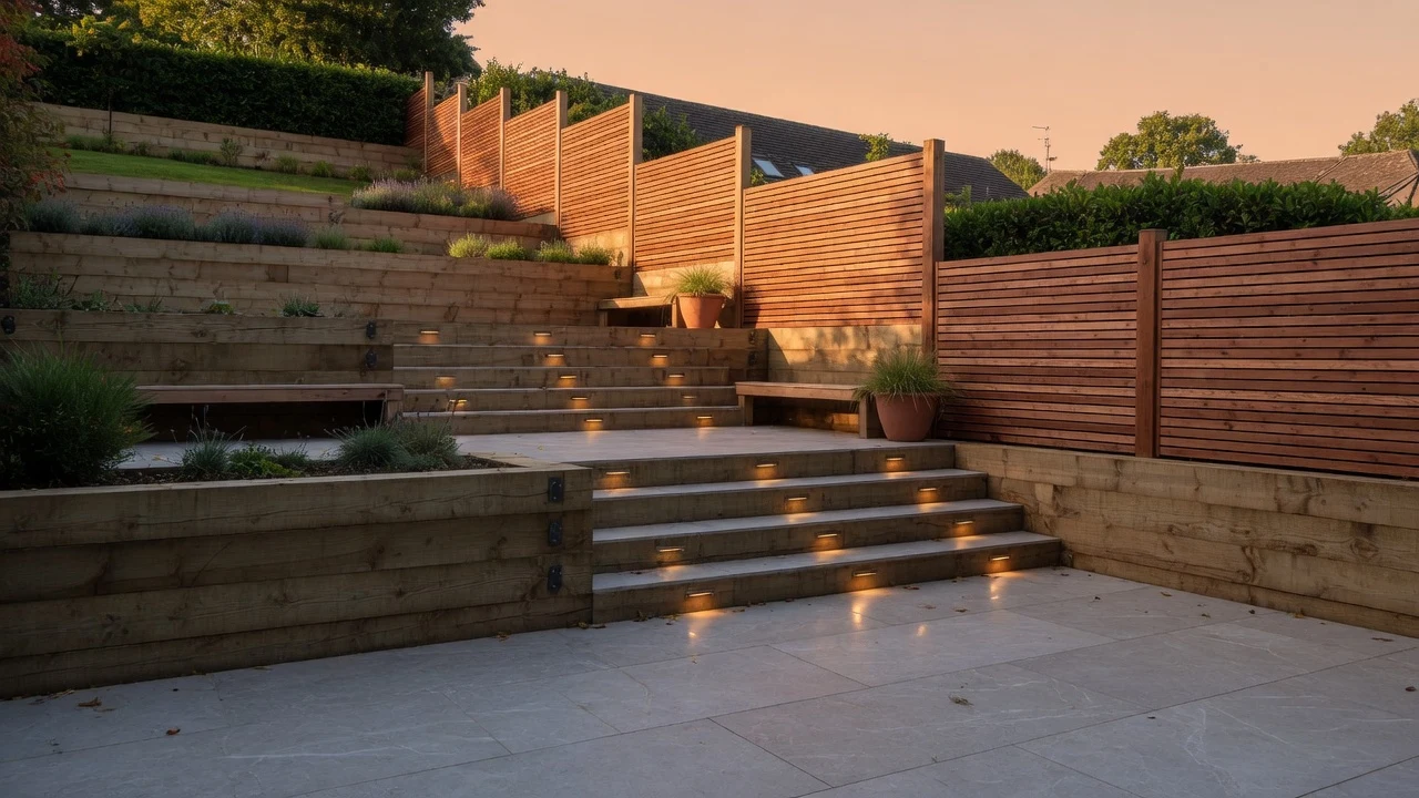 Tiered 200x100mm seasoned green-oak sleeper retaining walls and wide porcelain bullnose steps with warm 12V LED riser lights in Marple SK6